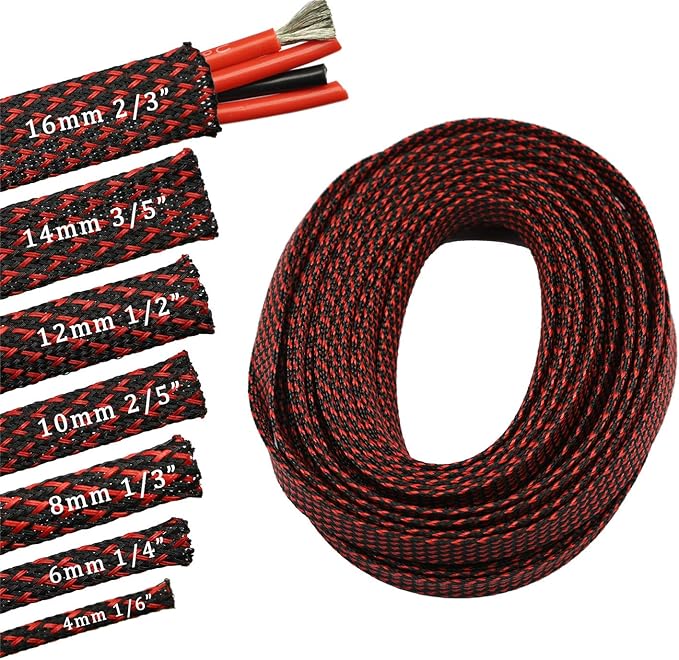30ft PET Expandable Sleeving Wire Cable Sleeve (3/5", Red&Black)