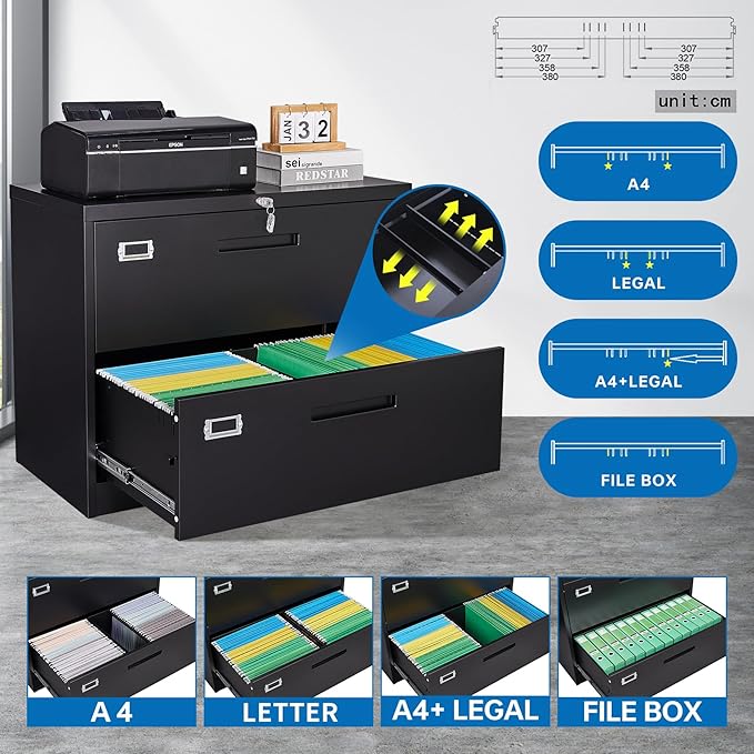 2 Drawer Lateral File Cabinet Metal Filing Cabinet with Lock Office Home Steel Lateral File Cabinet for A4 Legal/Letter Size Lockable Wide Metal Cabinet,Assembly Required(2 Drawer, Black)