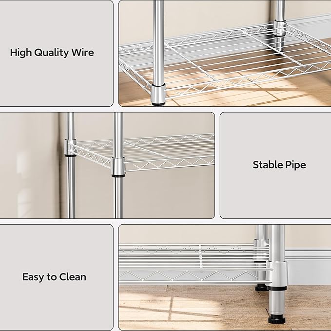 M MZG 3-Tier Metal Wire Shelving Rack with Wheels – Chrome 11.8"D x 17.7"W x 28.8"H