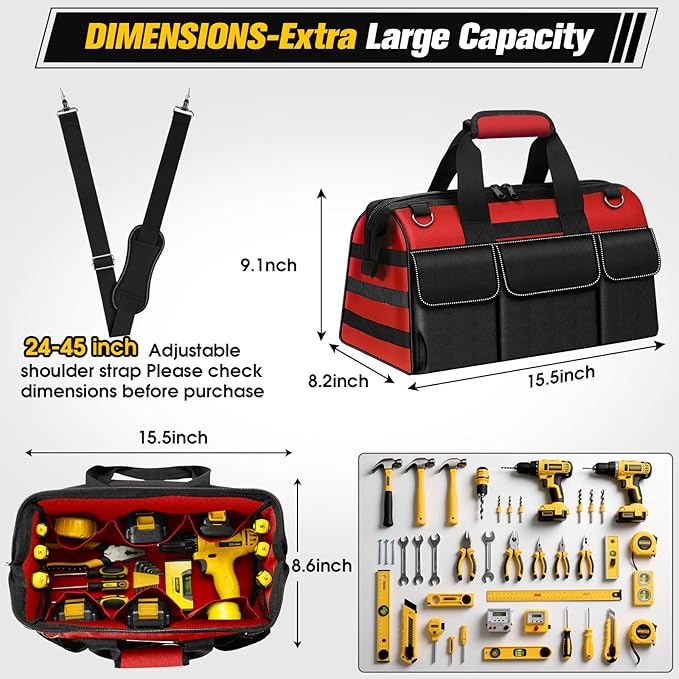 16-Inch Heavy Duty Tool Bag, 19-Pockets Tool Box Organizer, Portable Toolbag W/Soft Handle for Organized Storage, Mechanic Gifts for Men Dad Husband Him Christmas, Wide Mouth Toolbox Organization, Red