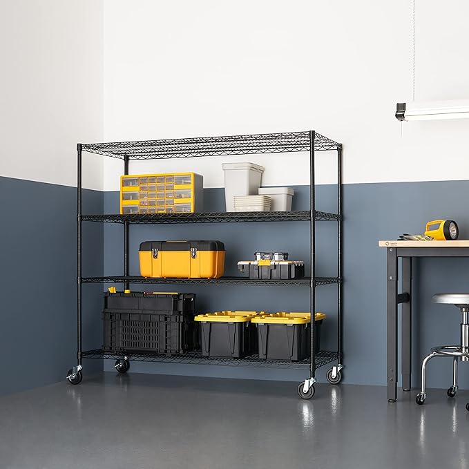 Trinity Basics 4-Tier Adjustable Wire Shelving with Wheels for Kitchen Organization, Garage Storage, Laundry Room, NSF Certified, 600 to 1800 Pound Capacity, 60” by 24” by 54”, Black