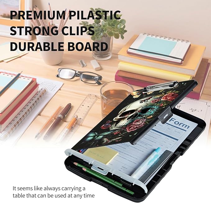 Clipboard with Storage High Capacity Plastic Nursing Clipboards with Pen Holder File Folder Storage Box Clipboard with Heavy Duty Clips for Teacher,Doctor,Offices-Butterfly Skull Flower