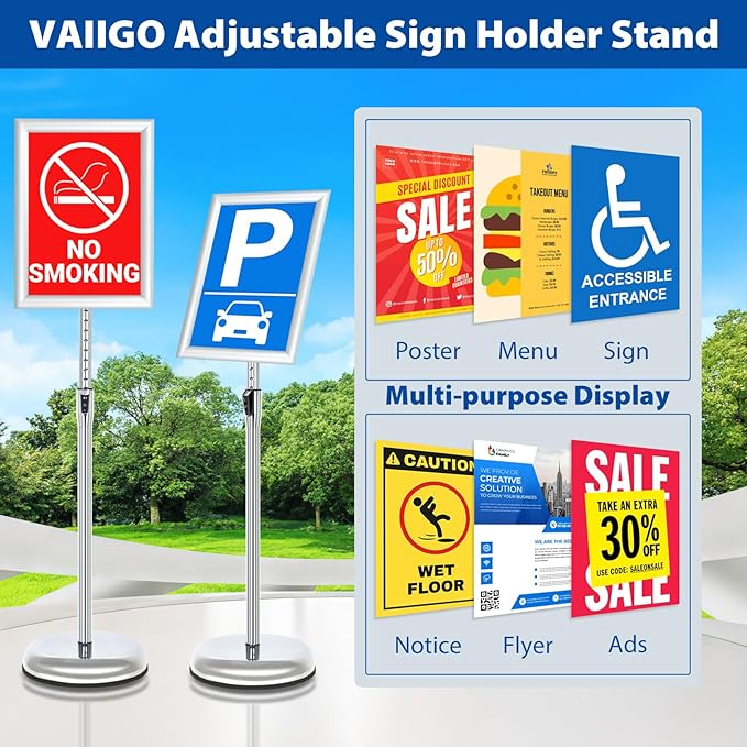 6Packs Floor Standing Sign Holder Stands for Display 8.5x11Inch Pedestal Poster Sign Stand, Adjustable Sign Holder Stand for Vertical & Horizontal View Sign Display Stand, Silver