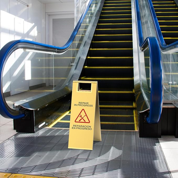 2 Pcs Maintenance Work in Progress Floor Sign , 24 Inch Stainless Steel Repair In Progress Sign Double Sided Foldable Bilingual Commercial Safety Warning for Hotel Market Restroom Restaurant Office (Gold)