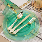 175PCS Clear Green Plastic Plates for 25 Guests, Disposable Plates with Gold Trim include 50 Dinner Plates, 75 Gold Silverware, 25 Cups, 25 Napkins for Party, Wedding and Graduation