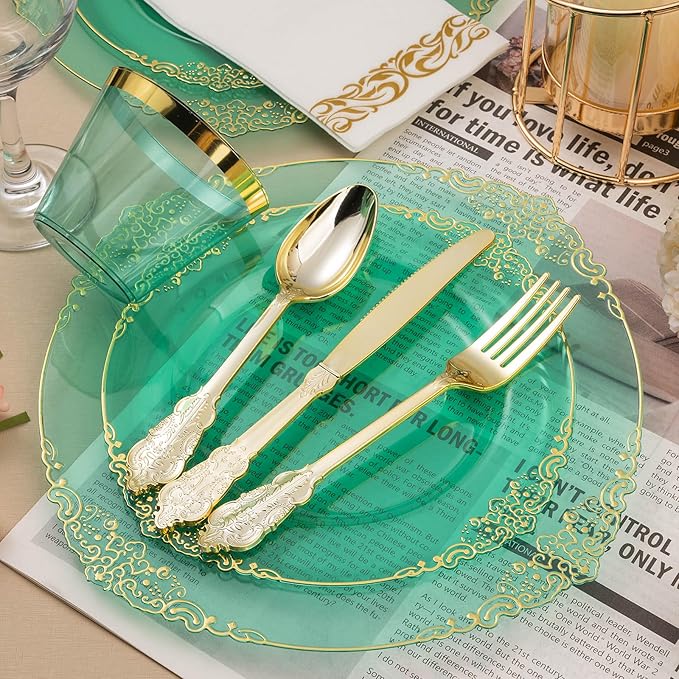 350PCS Clear Green Plastic Plates for 50 Guests, Disposable Plates with Gold Trim include 100 Dinner Plates, 150 Gold Silverware, 50 Cups, 50 Napkins for Party, Wedding and Graduation