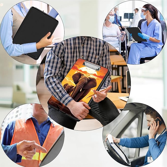 Clipboard with Storage,Office Supplies Nursing Clipboards Folder with Pen Holder Plastic Foldable Clip Board with Storage for Nurse Teacher,Sunset Elephant