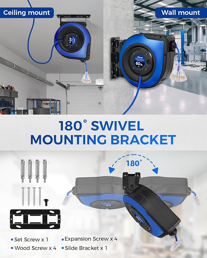 Retractable Cord Reel, 60 FT Heavy Duty Extension Cord, 12AWG/3C SJTOW, 3 Grounded Outlets Lighted Triple Tap, 15A Circuit Breaker, Wall/Ceiling Mounted, UL Listed, Blue U60CR06
