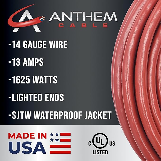 100 ft - 14 Gauge Extension Cord Outdoor - Made in USA - Lighted on Both Ends - Red Outdoor Extension_Cord Waterproof by Anthem Cable - Heavy Duty ExtensionCord 100 ft 13 Amp Extension