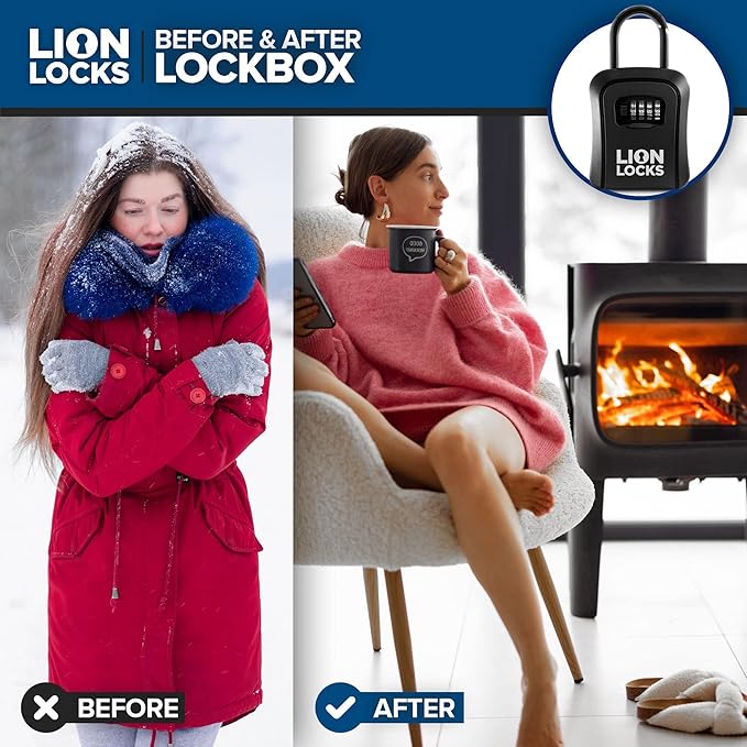 Lion Locks Lock Box - House Key Lockbox, Real Estate Lock Box with Combination, Car Key Safe - Waterproof, Easy Install, Black