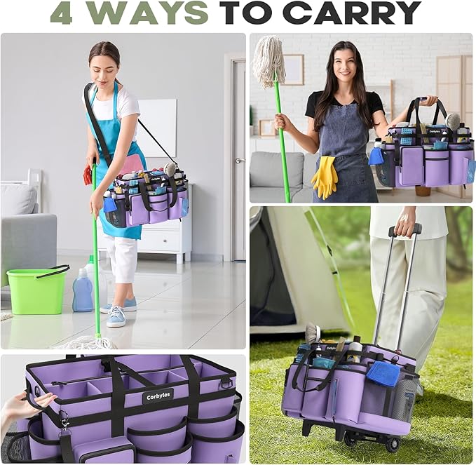 Rolling Cleaning Caddy Bag with Detachable Trolley, Cleaning Supplies Organizer Cart on Wheels, Cleaning Supply Caddy for Housekeepers (Purple, 11.5" Dx15.7 Wx13 H)