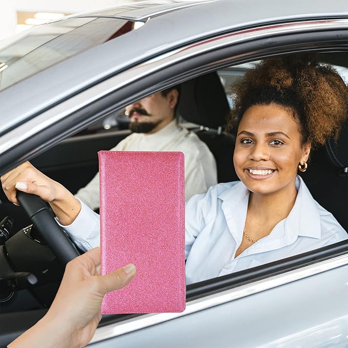 Car Registration and Insurance Holder, Leather Magnetic Shut Vehicle Glove Box Organizer for Document, Card, Driver License, Glitter Pink