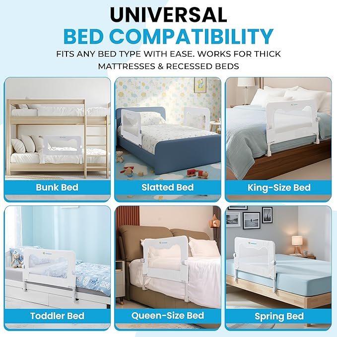 TotCraft MiniFlex Adjustable Length & Height Bed Rail for Toddlers – 35.5″ or 47″ Two Fixed Lengths,Fits Twin, Full & Queen Beds – 14 Height Levels – ASTM Certified Safety Guard Rail for Kids (White)
