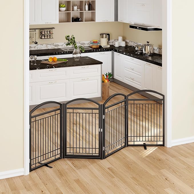 Folding No-Assembly Metal Freestanding Dog Gate with Door Walk Through,32" Height Pet Fence,96" Extra Wide Accordion Puppy Folding Playpen for Doorways,House,Stairs (4 Panels,Black)