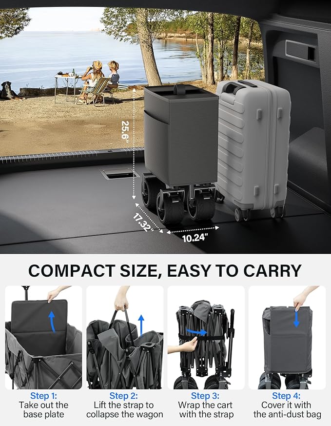 Wagons Carts Foldable Heavy Duty,440lbs Capacity & 350L Collapsible Utility Cart with Big All Terrain Wheels for Beach, Garden, Camping, Grocery Slate Gray