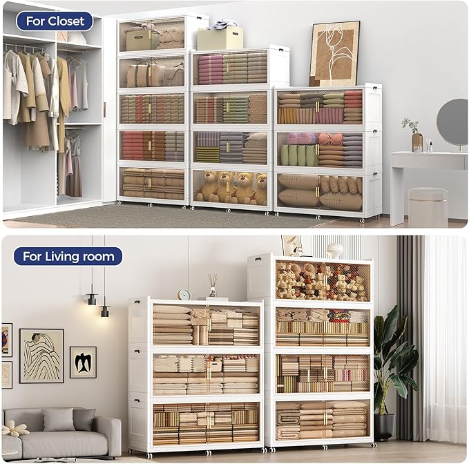 150Gal Extra Large Stackable Storage Bins with Lid, 600Qt Collapsible Storage Box with Wheels, Closet Organizers and Storage Cabinet Container for Home, Kitchen, Office, Bedroom, 3Pack White