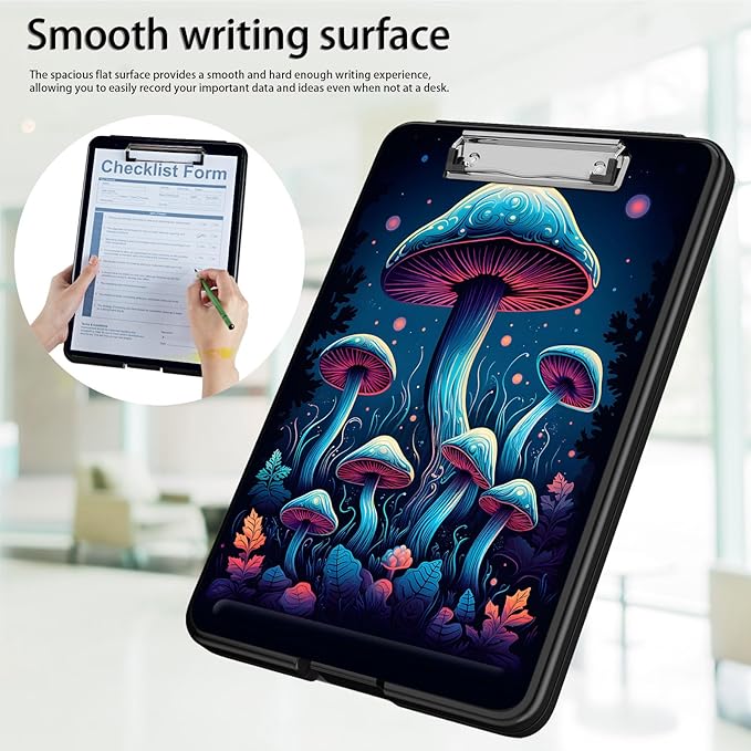 Clipboard with Storage,Office Supplies Nursing Clipboards Folder with Pen Holder Plastic Foldable Clip Board with Storage for Nurse Teacher,Colorful Mushroom