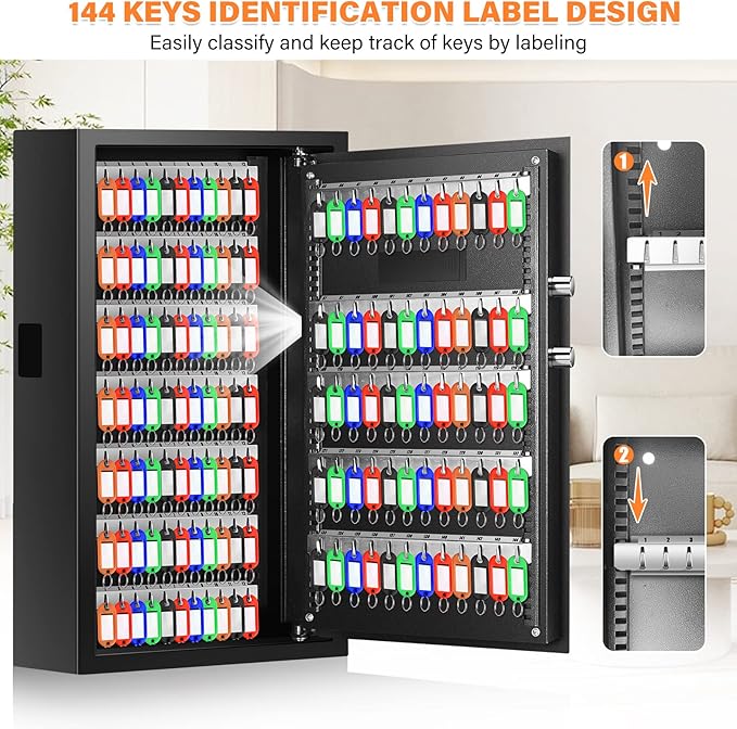 144 Keys Fireproof Key Cabinet, Anti-Theft Heavy Duty Key Lock Box with Key Tags, Adjustable Key Organizer Wall Safe with Combination Lock for Car Office House Garage Rental Business