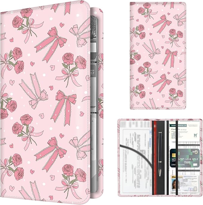 Premium Car Registration and Insurance Card Holder, Cute PU Leather Car Document Holder, Vehicle Glove Box Car Organizer with Magnetic Closure for Driver License, Cards Pink Rose Ribbon Bows