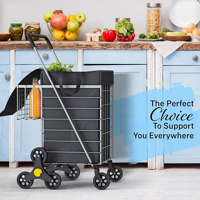 Stairs Climbing Shopping Cart w/Waterproof Basket Liner & 360° Swivel Wheels | Foldable Collapsible & Lightweight | Perfect for Groceries Laundry Utility Cart - Silver