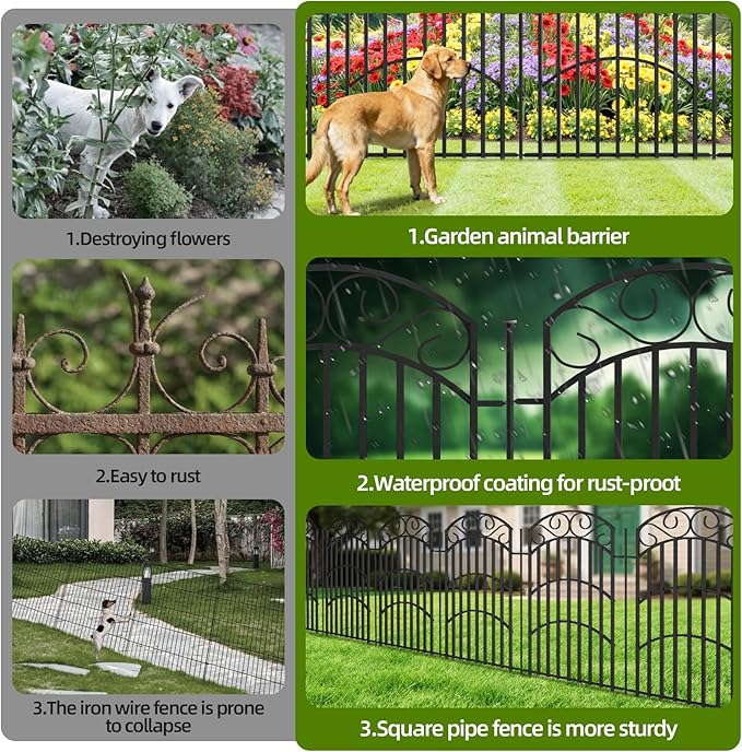 8 Panels 40in(H) Decorative Garden Fence, Total 18ft L Heavy Duty Iron Metal No Dig Animal Barrier Fence, Tall Garden Border Fencing, Temporary Dog Fencing Outdoor for Yard