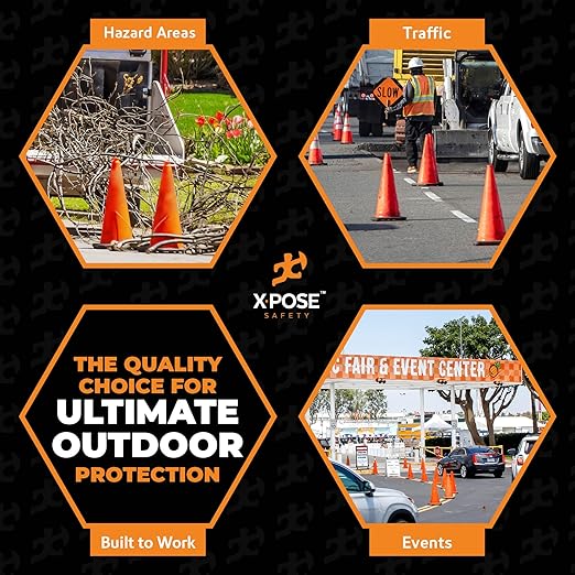Xpose Safety 28 Inch Orange Traffic Cones, 24-Pack - Multipurpose PVC Plastic Safety Cone for Parking, Soccer, Caution, Kids and Construction - DOT Approved