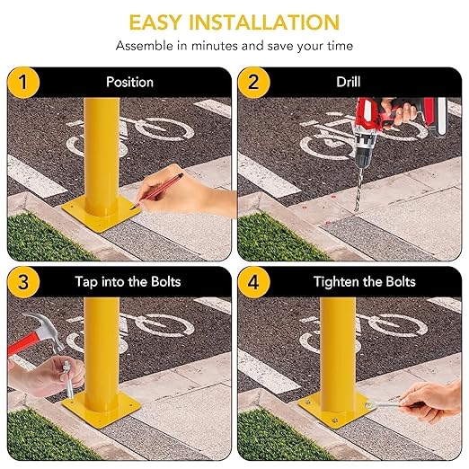 4-Pack 42 Inch Steel Safety Bollard Post, 4.5 Inch Diameter Metal Safety Bollard with 16 Anchor Bolts for Driveway Barrier, Parking Pole, Traffic Control