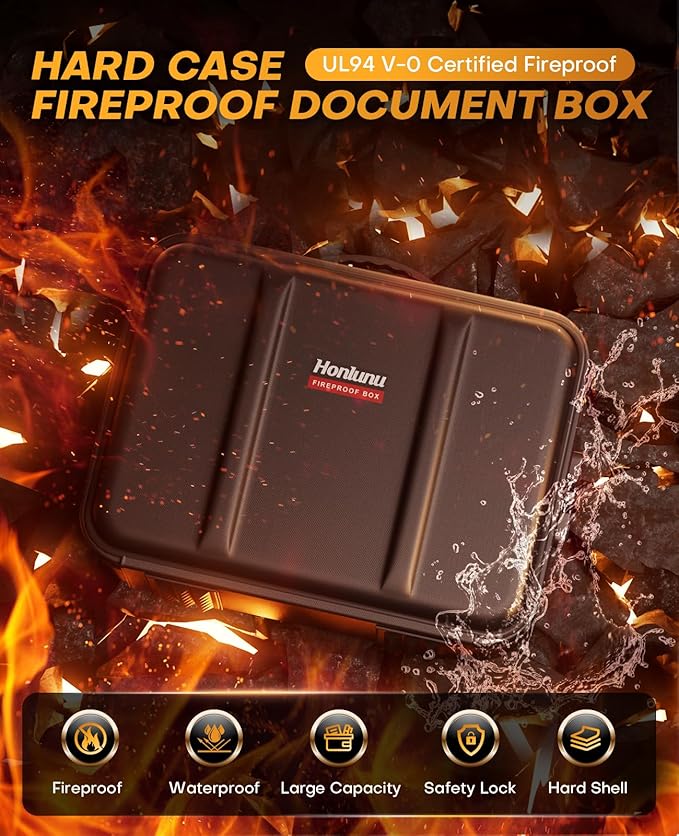 Fireproof Document Box, Hard Case Fireproof Document Organizer with Lock, Water Resistant Safe Box for Important Documents Certificates Laptop Passports (Black)