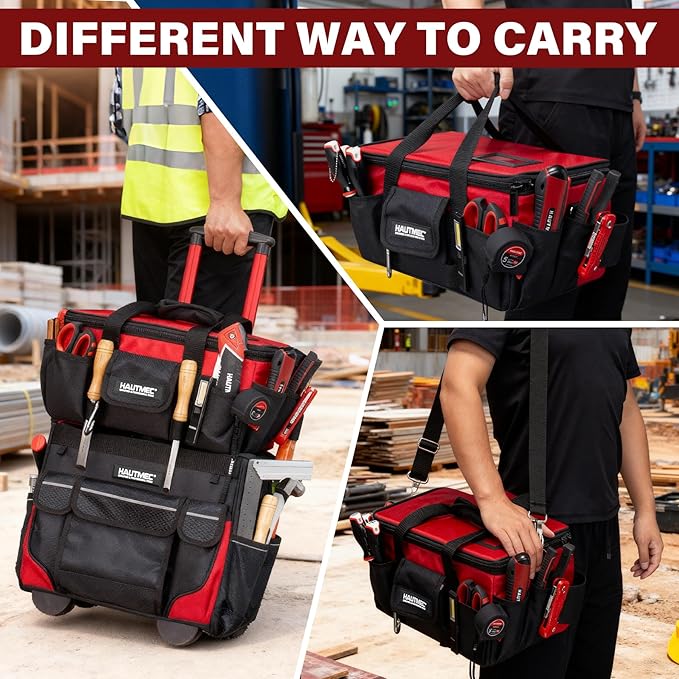 HAUTMEC 16-Inch Multi-Function Tool Bag with Removable Divider, Heavy-Duty 1680D Quick Action Tool Case with Padded Shoulder Strap & Trolley Sleeve, Rigid Structure & Wide-Opening Design - HT0401