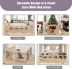 LZRS 6-Panel Extra Wide Wooden Freestanding Dog Gate: Foldable Solid Wood and Steel Wire Chew Resistant Safety Barrier for Doorways, Stairs, and Open Long Spaces Indoor Use, Natural
