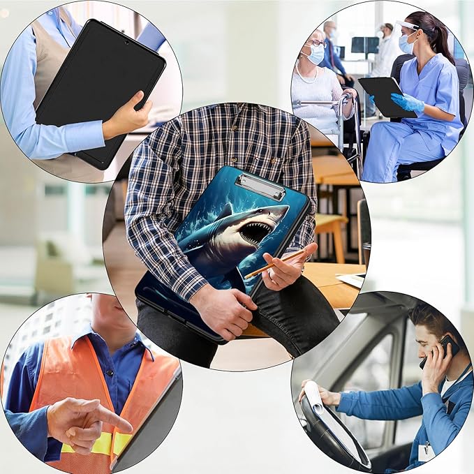 Clipboard with Storage,Office Supplies Nursing Clipboards Folder with Pen Holder Plastic Foldable Clip Board with Storage for Nurse Teacher,Shark in Sea