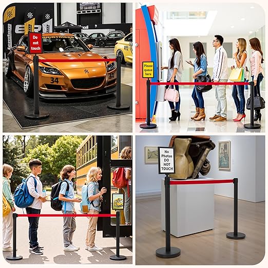 INMOZATA 6 Pack Retractable Belt Stanchions, Black Crowd Control Posts with 6.6FT Belts, Sign Holders, Heavy-Duty Steel Base – Ideal for Events, Auto Shows, Public Venues, Exhibitions