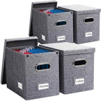 PRANDOM File Organizer Box - Set of 4 Collapsible Decorative Linen Filing Storage Hanging File Folders with Lids Office Cabinet Letter Size Grey (14x9.3x10.8 inch)