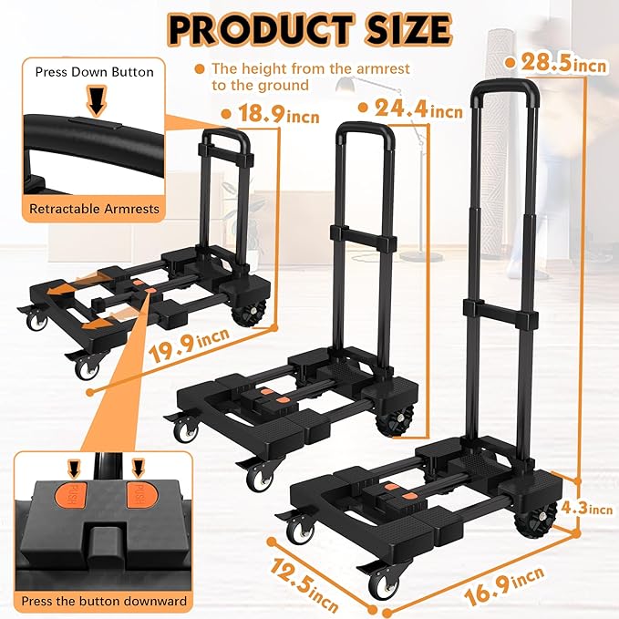 Heavy-Duty 500LB Capacity Hand Truck with One-Touch Retractable Handle & Extendable Plate, Portable Collapsible Dolly Cart with 4 Wheels w/Brakes Folding Luggage Cart for Travel/Home Use, Black