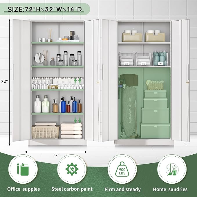Greenvelly Metal Garage Storage Cabinet,Steel Lockable Storage Cabinet with 2 Doors and 4 Adjustable Shelves,Tall Metal Cabinet Locking File Cabinet for Office,Home, Garage, Gym, School