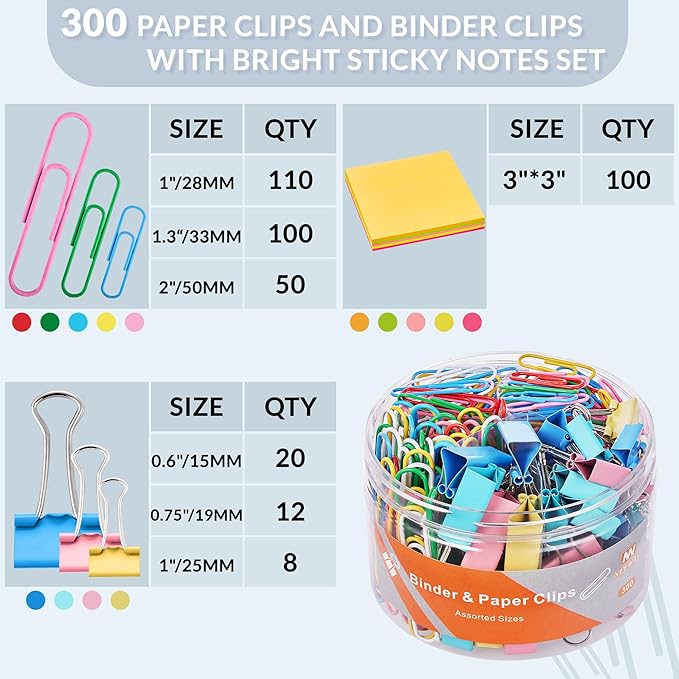 NEEWAY 300pcs Paper Clips and Binder Clips Assorted Sizes with 100 Sheets Sticky Notes, Colored Paper Clips Set for Home, Office Supplies
