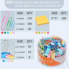 NEEWAY 300pcs Paper Clips and Binder Clips Assorted Sizes with 100 Sheets Sticky Notes, Colored Paper Clips Set for Home, Office Supplies