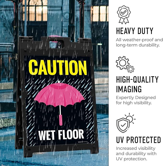 Caution Wet Floor Umbrella Sidewalk Sign Kit, 18x24 Inches, with A Frame Stand, Made in USA