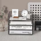 4-Tier Acrylic Paper Tray Organizer - Low-Profile Desk File Sorter for Office/Home, Brown Stackable Letter Tray for Bills, Crafts, Notebooks