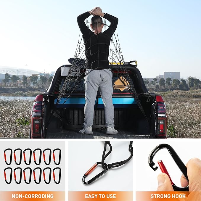 Heavy Duty Cargo Net for Pickup Truck Bed - 5' x 7' Stretches to 15' x 21' - Sturdy Latex Bungee Net Mesh - with 12 Metal Carabiners - Truck Bed Accessories for Dodge RAM, Ford, Chevy, Toyota