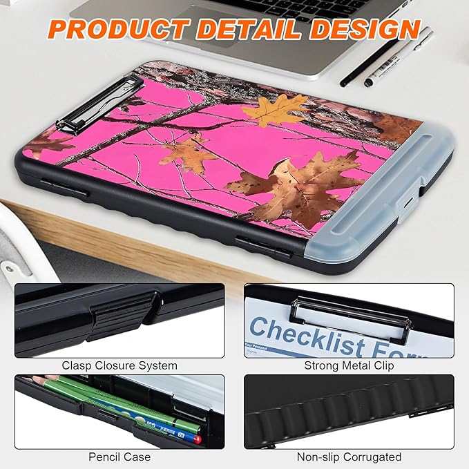 Clipboard with Storage Compartment, 8.5 x 11 Letter Size Side Opening Clip Board with Pen Holder, Hard Portable Clipboard Organizer for Nurse, Teacher, Contractor, Jobsite, Pink Dead Wood
