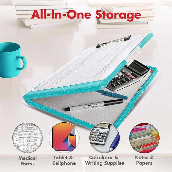 Dexas Slimcase 2 Plastic Clipboard with Storage and Side Opening, Teal Glitter, Office Supplies Clipboards to Organize, Carry and Store, A4 Holder, Style and Functionality Nursing Clipboard