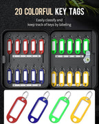 Uniclife 20 Position Key Cabinet with Key Lock Wall Mounted Black Security Storage Box Steel Key Organizer with Colorful Key Tag Labels Stickers and Hooks