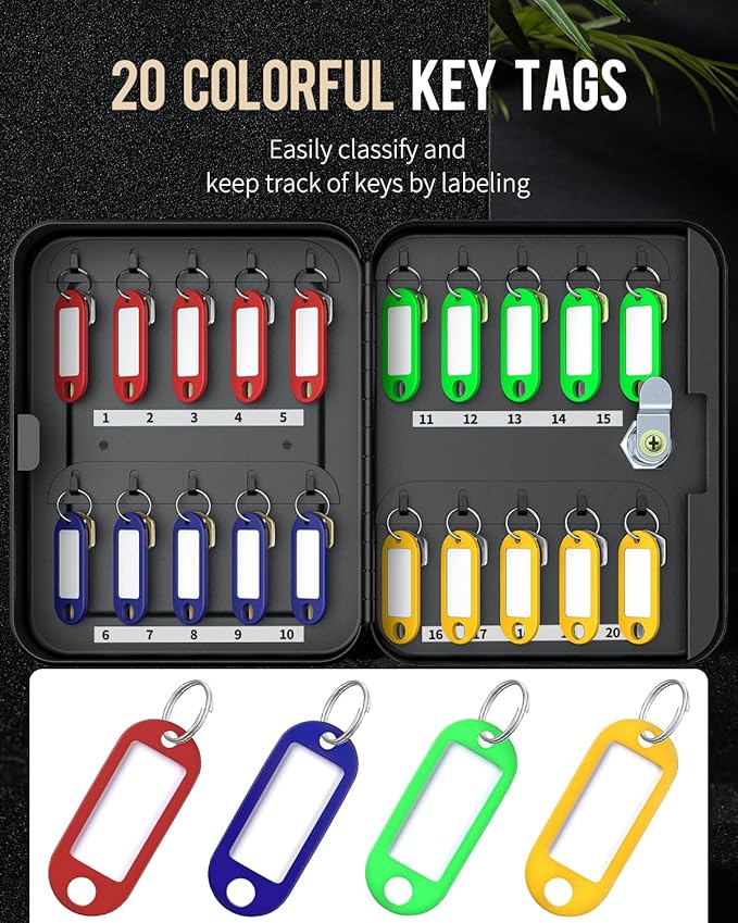 Uniclife 20 Position Key Cabinet with Key Lock Wall Mounted Black Security Storage Box Steel Key Organizer with Colorful Key Tag Labels Stickers and Hooks