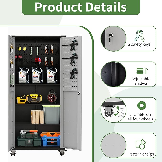 71'' Garage Storage Cabinet on Wheels Metal Tool Cabinets with Locking Doors and 3 Adjustable Shelves,Heavy Duty Tall Rolling Steel Cabinets for Garage Warehouse Basement Office