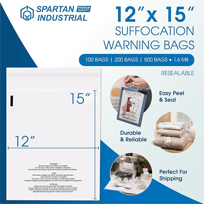 Spartan Industrial - 12” X 15” (200 Count) Self Seal Clear Poly Bags with Suffocation Warning for Packaging, T Shirts & Shipping - Resealable Glue