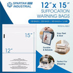Spartan Industrial - 12” X 15” (200 Count) Self Seal Clear Poly Bags with Suffocation Warning for Packaging, T Shirts & Shipping - Resealable Glue