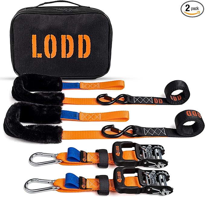 LODD – Motorcycle Tie Down Straps with Ratchets and Soft Sheepskin Loops – 1.5” Wide – 3,300 lbs Strength – Heavy-Duty Steel Hooks – for Motorcycles, Dirt Bikes, ATVs – Carrying Case Included