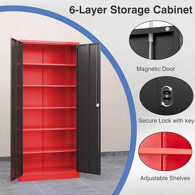 72 Inch Metal Cabinet,Lockable Storage Cabinet with 2 Doors and 5 Adjustbale Shelves,Tall Tool Cabinet Cabinet for Garage,Basement,Home Office,Gym(Red & Black)
