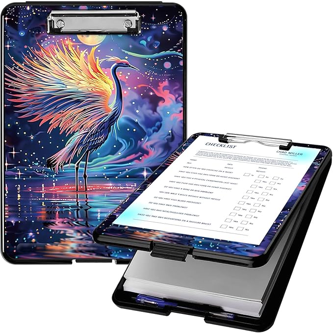 Clipboard with Storage, High Capacity Plastic Storage Clipboard with Pen Holder for for Women Teachers Work, School & Office Supplies, Cute Pattern Decorative Clipboards, Colorful Crane